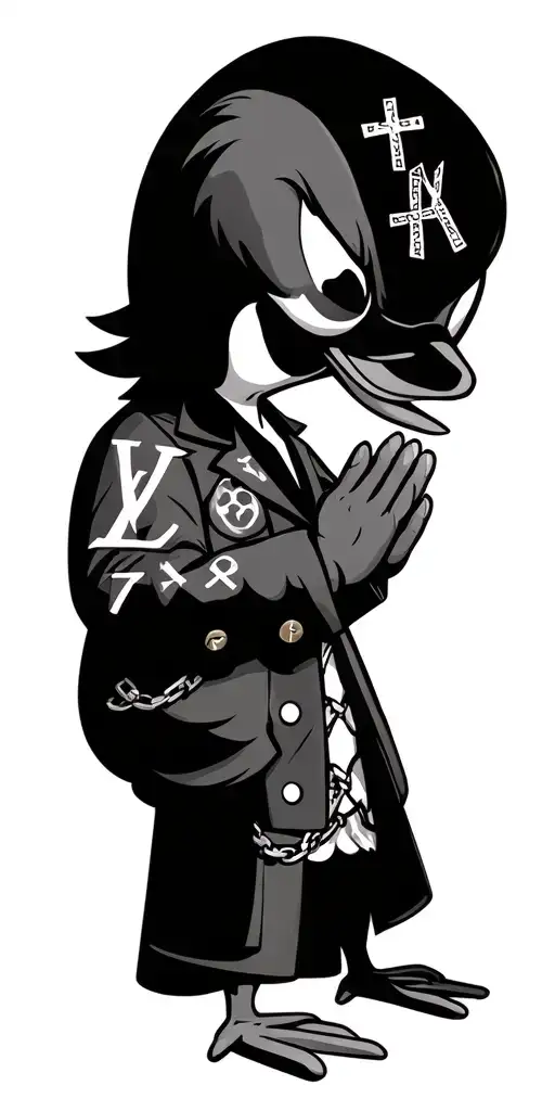 Cartoon duck in “LV” coat praying on biceps, “BXD” graffiti behind, chain with cross links cards 2,7,3,5 to masks and bi tattoo design idea