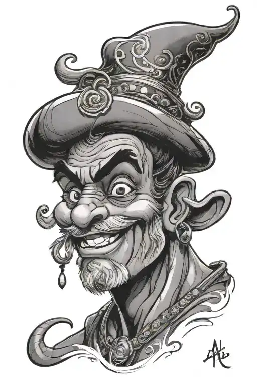  the genie from  Aladdin's story. the genie is the the tatto/ in shades of black and gray tattoo tattoo design idea