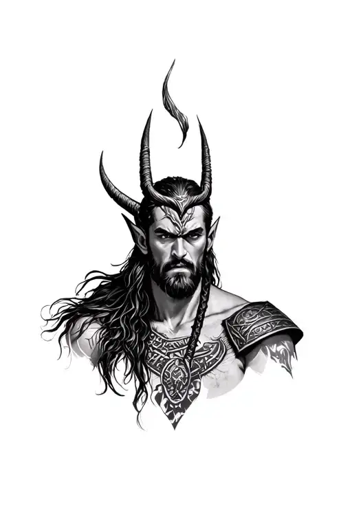 Scandinavian god Loki in realism, on the stomach from the side in a black and white spread tattoo design idea