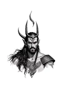 Scandinavian god Loki in realism, on the stomach from the side in a black and white spread tattoo design idea