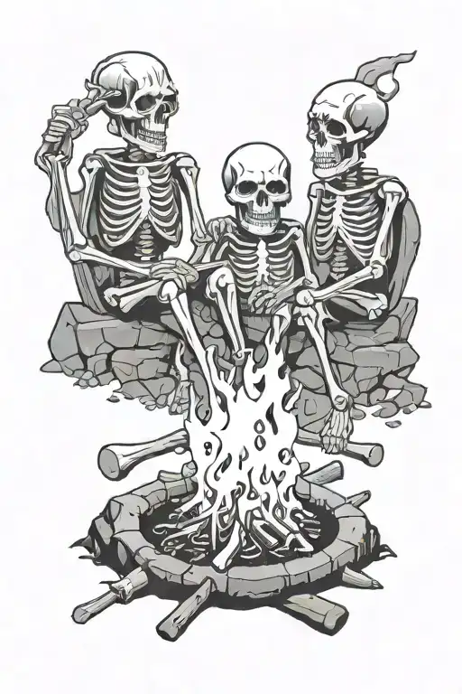 three skeletons sitting around campfire scene tattoo design idea