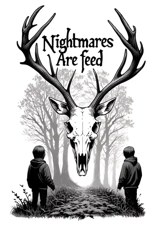 "Nightmares are fed " Deer skull with large twisted antlers surrounding the image with two boys in hoodies facing away in a haunted forest tattoo design idea