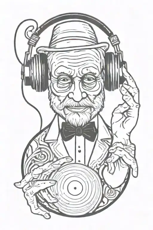 A wise magician hearing headphones and holding a vinyl record tattoo design idea