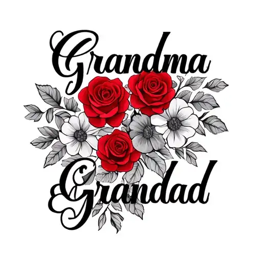 text saying ‘grandma & grandad’ large in italics, the rest covered in flowery patters in black and white with red roses  tattoo design idea