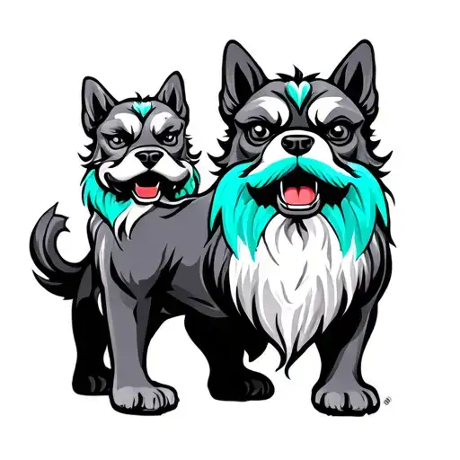 black and grey Okinawa Shisa dogs with teal beard and tail in squated pose tattoo design idea
