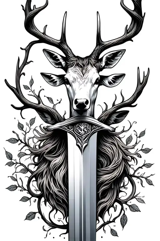 long sword wrapped masculine deer head handle small leaves running vines tattoo design idea