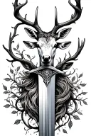 long sword wrapped masculine deer head handle small leaves running vines tattoo design idea