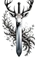 long sword wrapped masculine deer head handle small leaves running vines tattoo design idea