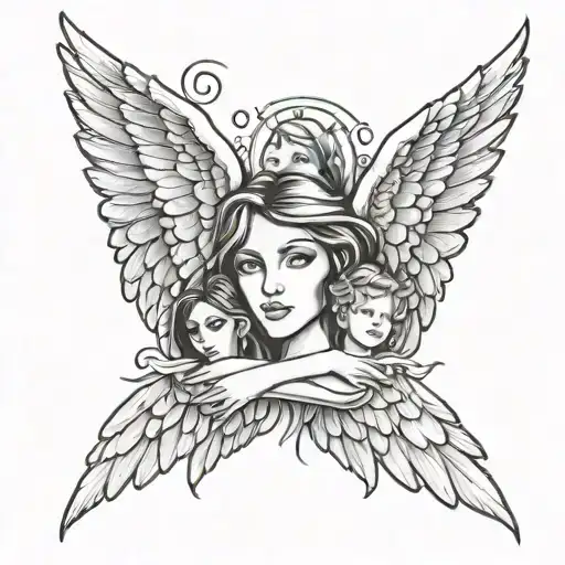 Dad, mom, son, daughter. angel wings. woman's eye big tattoo design idea