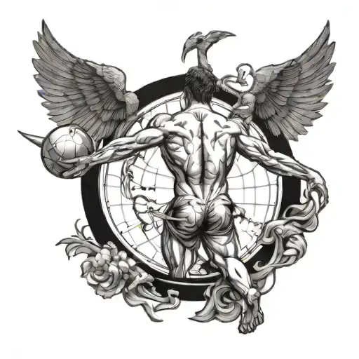 A back tattoo with atlas holding up the world on the lower half of the back and Icarus falling toward the world from the tattoo design idea