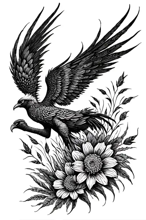 phoenix, reeds, flower graphic shadow peter pan tattoo design idea