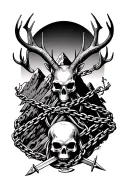 mountain and chains wrapped with skull and deer horns something unique and hourglass with swords and minimal tattoo design idea