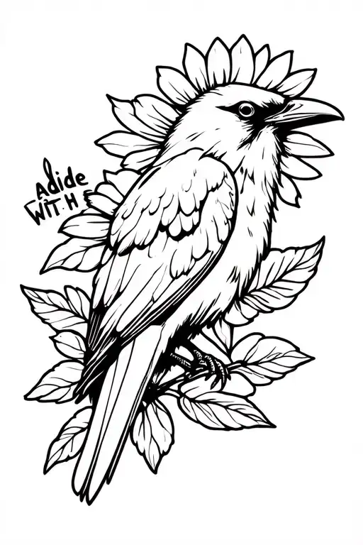 raven outline in a flower meadown with the words abide with me tattoo design idea