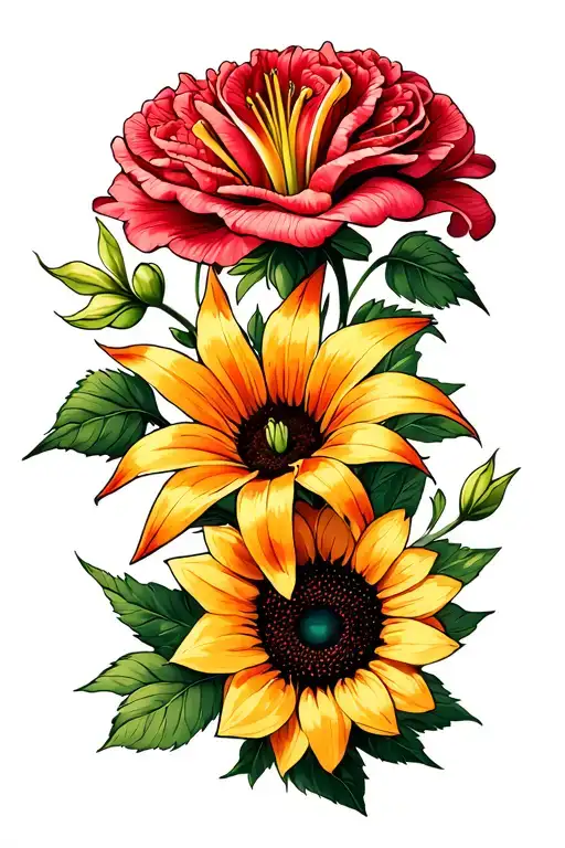 Lily,rose,carnation,sunflower tattoo design idea