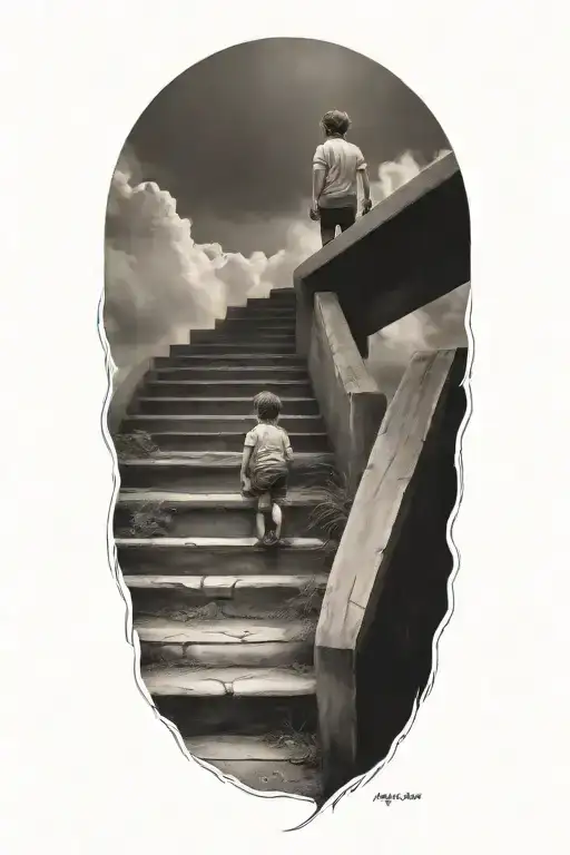 stairs to heaven with little boy tattoo design idea