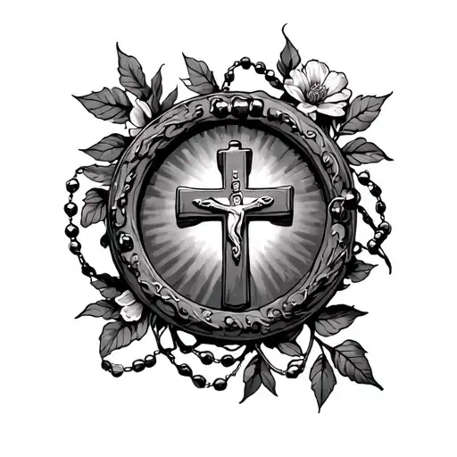 cross with rosary beads round it with a vine and some flowers tattoo design idea