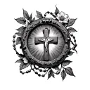 cross with rosary beads round it with a vine and some flowers tattoo design idea