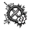 cross with rosary beads round it with a vine and some flowers tattoo design idea