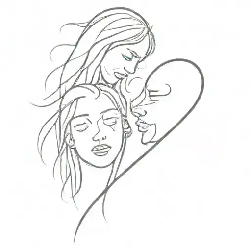 one line heart with heartbeat and 2 girl faces each other tattoo design idea