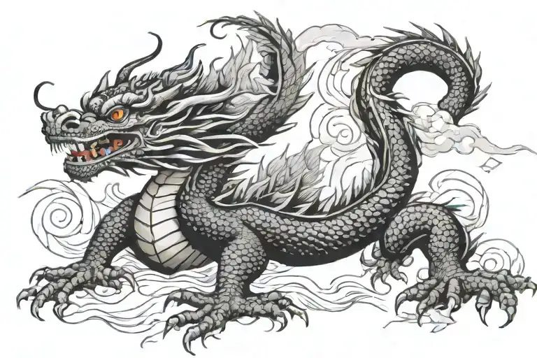 black Japan dragon with long body and realistic eyes without wings tattoo design idea