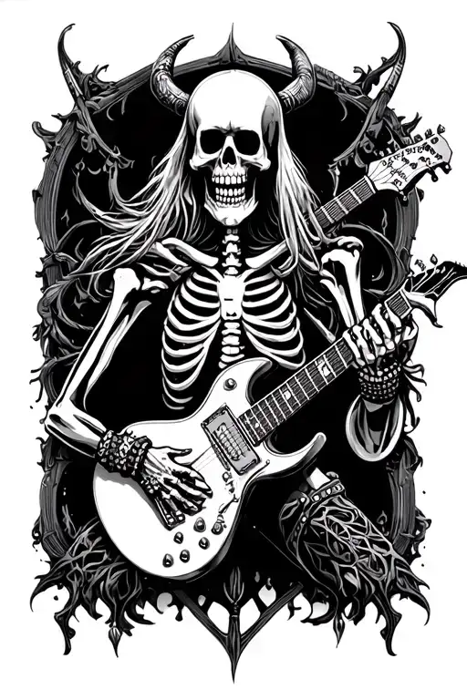 black metal skeleton creepy, studded bracelets etc, extreme, can include guitar, demonic satanic details, full body  tattoo design idea