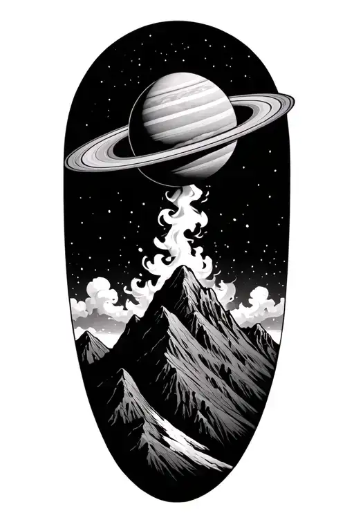 smoke forming saturn on top of a mountain peak tattoo design idea