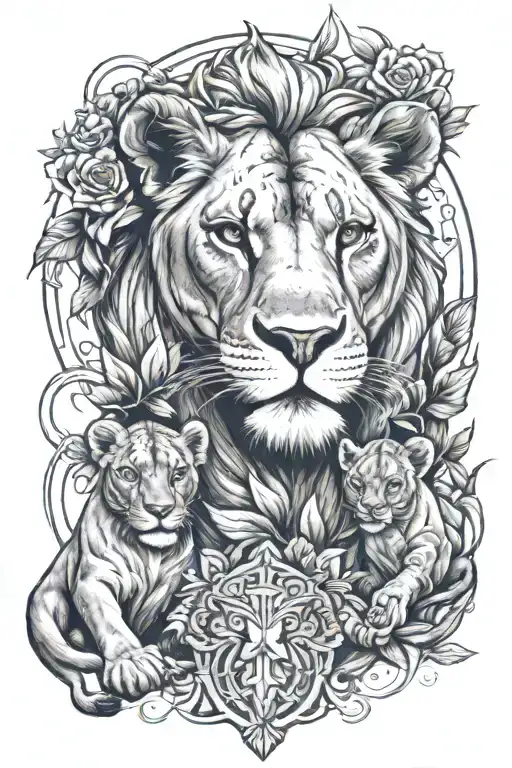  fierce resilient lioness protecting her twin cubs from danger. Incorporate balance/libra symbol  tattoo design idea