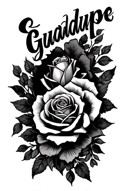 "Guadalupe " Roses and name written across tattoo design idea