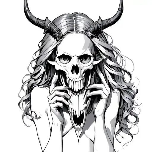 WARRIOR GIRL HOLDING A DEMON SKULL tattoo design idea