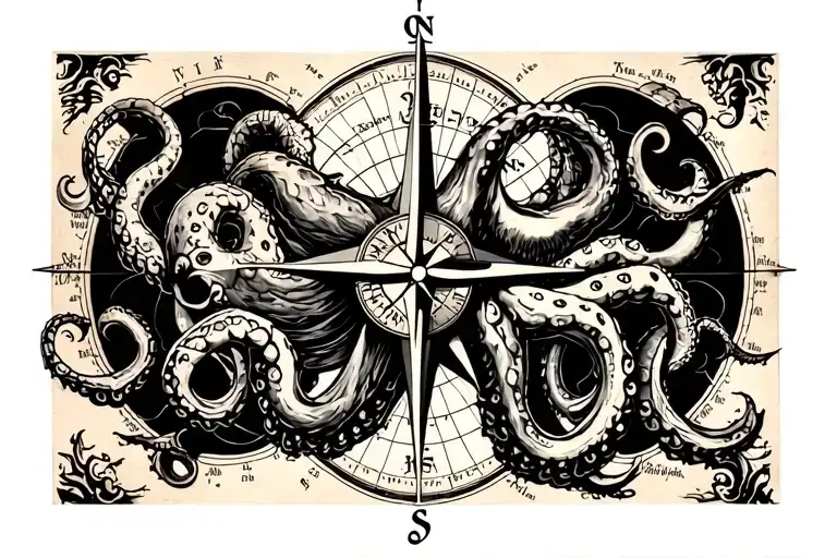 map and compass and kraken emerging tattoo design idea