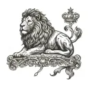 A majestic lion wearing a crown, symbolizing your hustle and leadership qualities, with subtle nods to your favorite things like your dog and fiance tattoo design idea