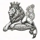 A majestic lion wearing a crown, symbolizing your hustle and leadership qualities, with subtle nods to your favorite things like your dog and fiance tattoo design idea