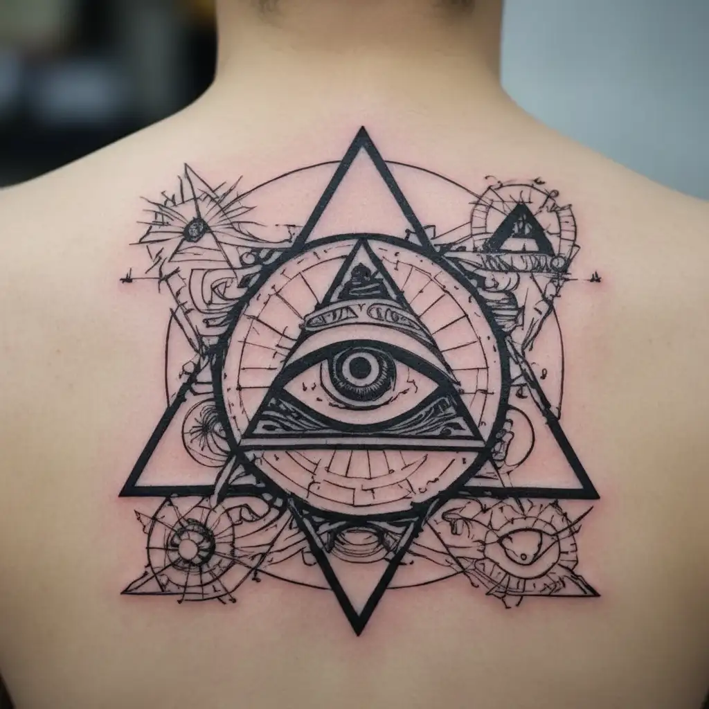 oroburous in a circle, i the middle a triangle with the all-seeing-eye tattoo design idea