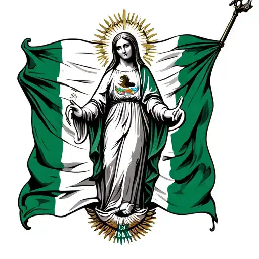 Gorgeous virgin mary wearing mexico flag flying tattoo design idea