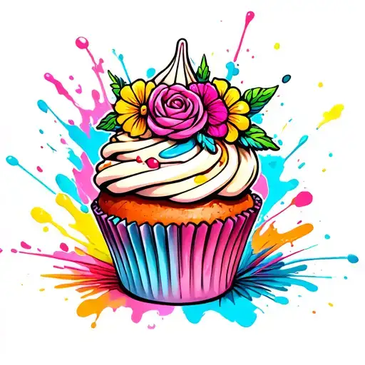 A new-school design of a floral cupcake with paint splatters, combining your interests in flowers, cakes, and arts tattoo design idea