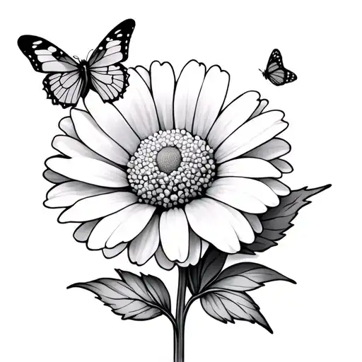 simple little detail black and white carnation and daisy flower with a small butterfly on leaf tattoo design idea