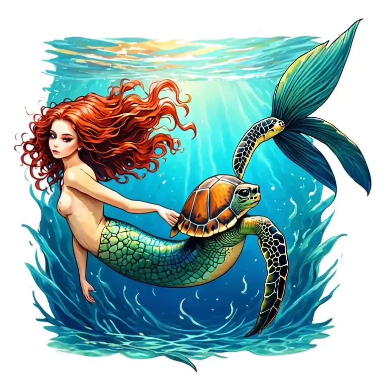 Mermaid with red hair with a sea turtle swimming tattoo design idea
