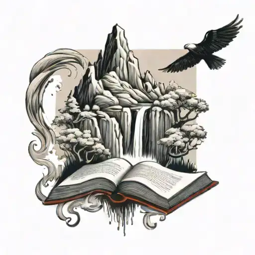 mountain on a book with waterfall cascading tattoo design idea