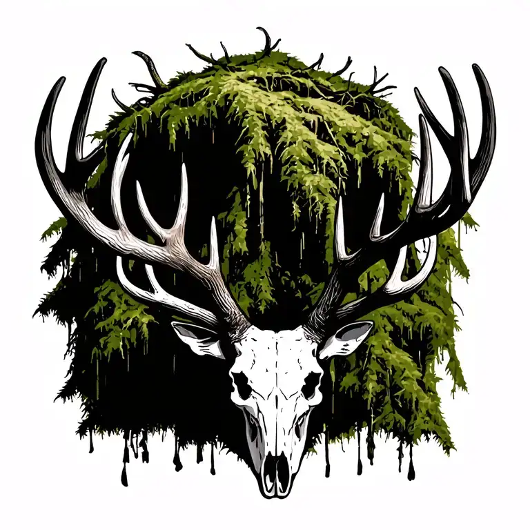 Roosevelt elk skull with antlers hanging moss tattoo design idea