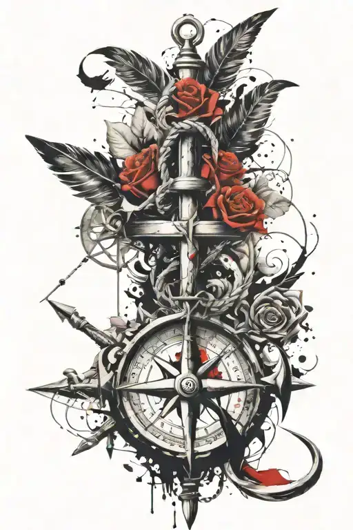 anchor, rose, compass, feathers tattoo design idea