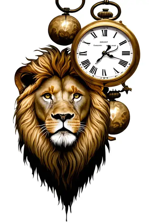 lion and three clocks underneath tattoo design idea