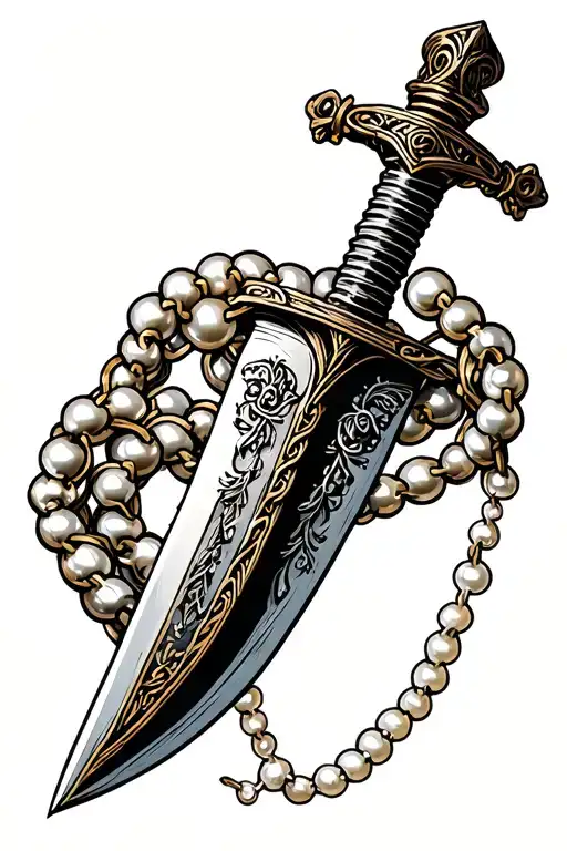 traditional dagger with a double helix intertwined behind it one strand is a chain one strand is a string of pearls  tattoo design idea