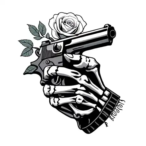 please make a skeleton hand gripping a pistol with a rose coming out of the barrel. tattoo design idea