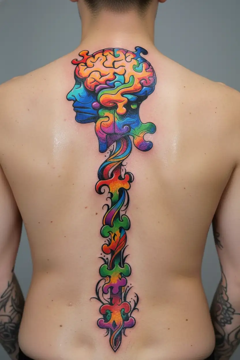 autism rainbow puzzle piece and brain with blue purple shading tattoo design idea