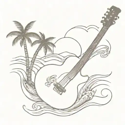 A minimalist tattoo of a guitar with waves and palm trees in the background tattoo design idea