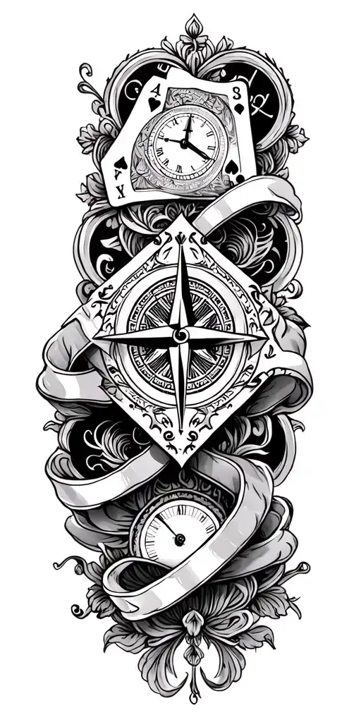 filigree design with playing cards, compass and clock tattoo design idea