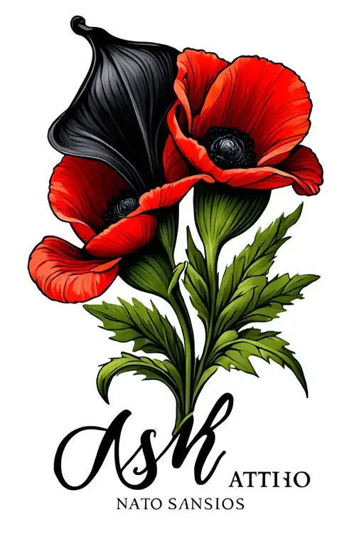 black calla lily flower, with red poppy flower, name Ash, name in front, flowers twisted together. tattoo design idea