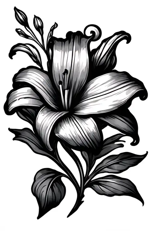 lily flower with stem leaves and swirls  tattoo design idea