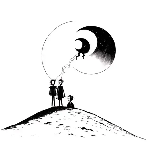 2 Tim Burton characters under the moon with Bowie's lightning on a hill at night tattoo design idea