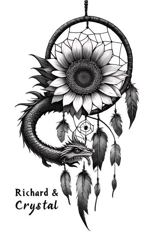 "Richard & Crystal" dragon and sunflower dreamcatcher made tattoo design idea